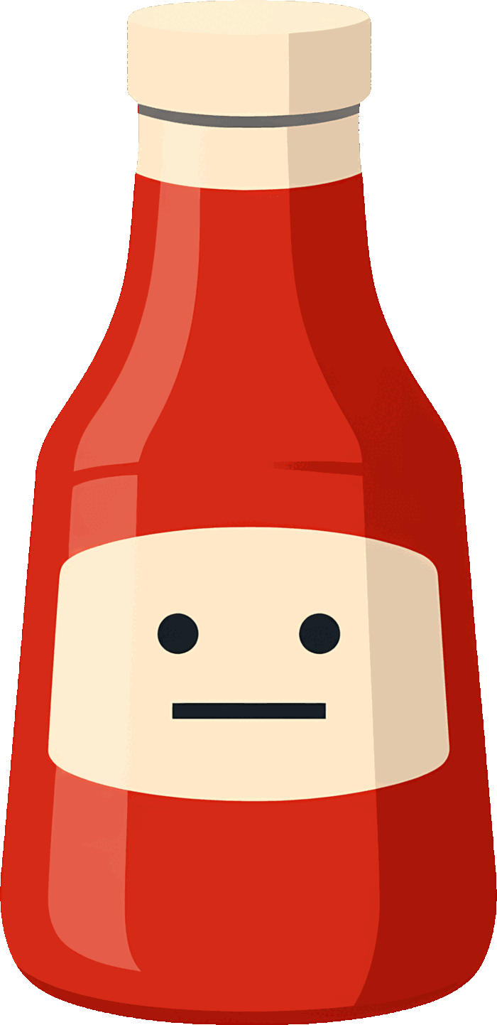 The indifferent ketchup bottle mark: a red ketchup bottle with a flat, unimpressed face on its label.