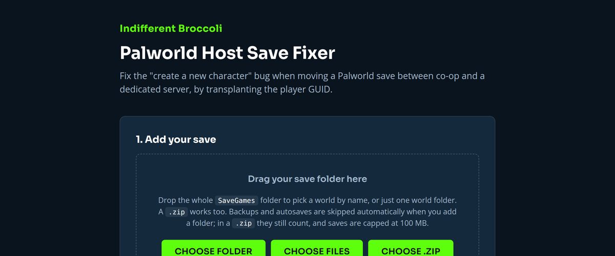 The Palworld Host Save Fixer: a dark page with a drag-and-drop area for a save folder and buttons to choose a folder, files or a zip.