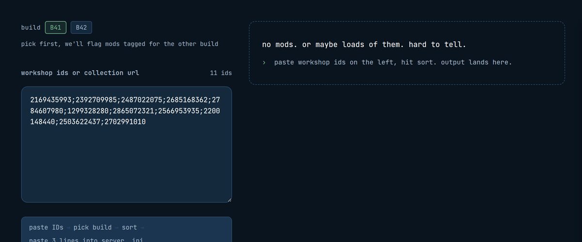 The sortof web app: a dark interface with a workshop ID field on the left and the generated server .ini lines on the right.